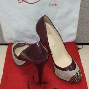 Christian Louboutin Maggie Burgundy Leather Beige Suede Metal Toe Platform